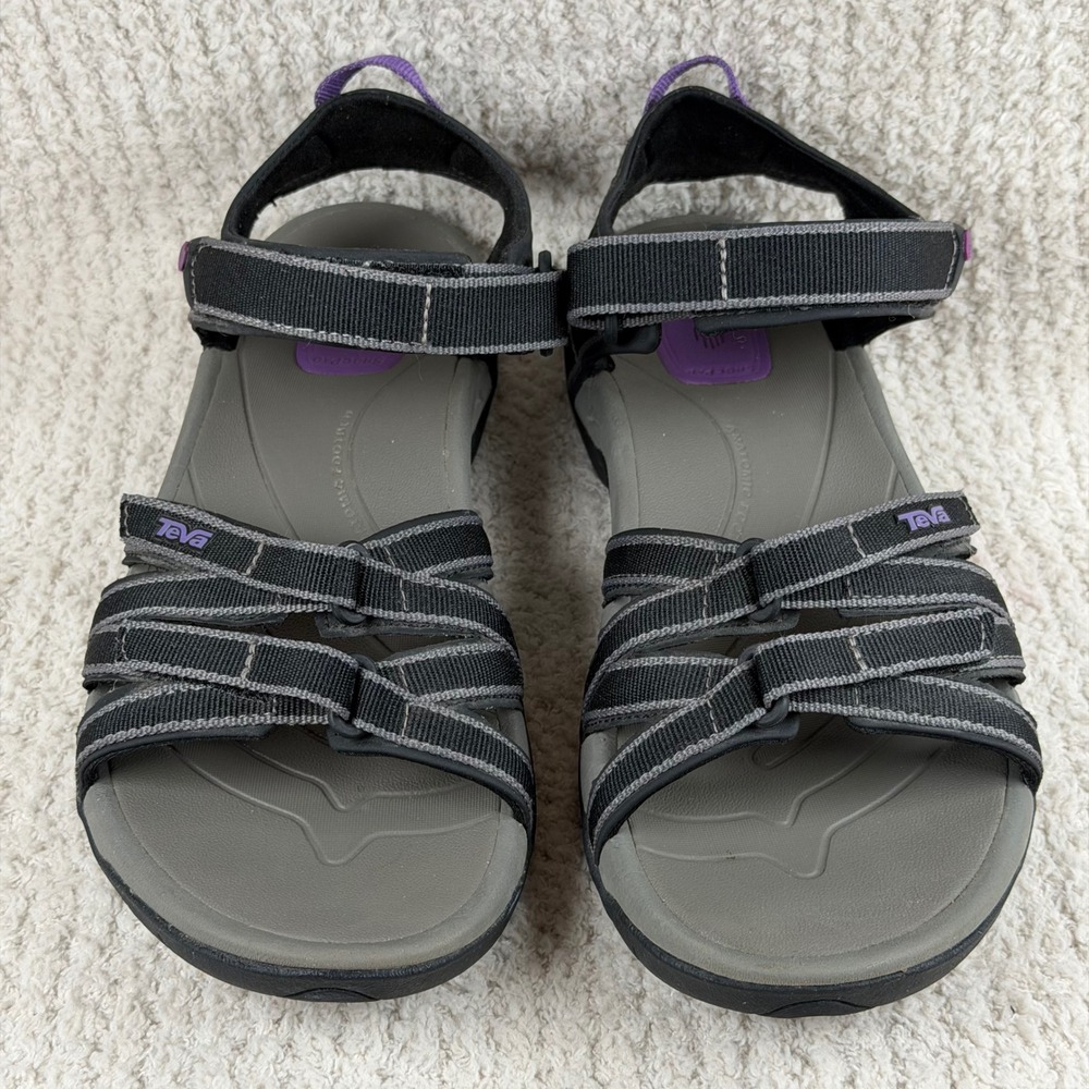 Teva Tirra Sandals Womens 8.5 Black Grey Purple Strappy Sport Hiking Water Shoes